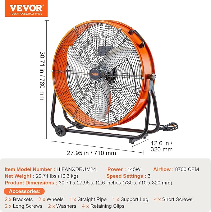VEVOR Drum Fan, 24 Inch 8700 CFM High Velocity Heavy Duty Floor Shop Fan, 3-Speed, 5ft Cord, 360°Adjustable Tilting, Commercial Industrial Use for Warehouse, Workshop, Factory, Basement