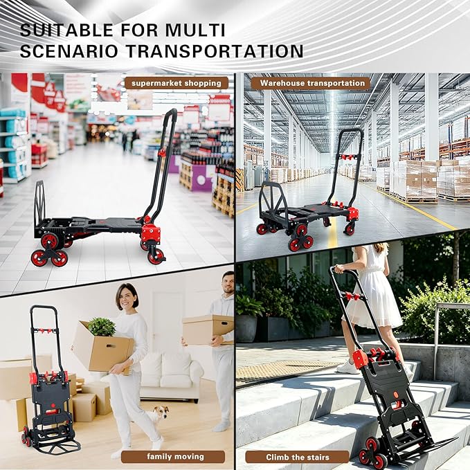 2 in 1 Folding Hand Truck Dolly,330LB Stair Climbing Dolly Cart with Wheels,Hand Truck Foldable with Telescoping Handle,Collapsible Hand Truck for Moving&Transportation(Red)
