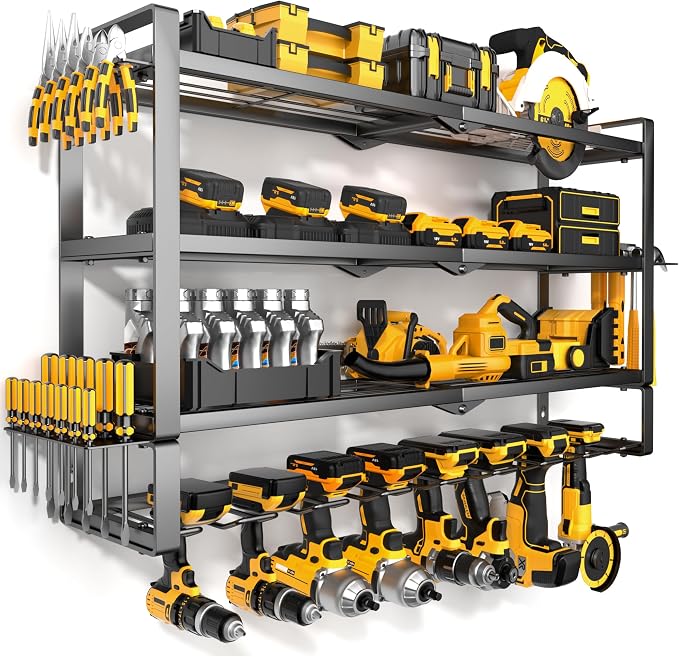 MOOMSINE Large Power Tool Organizer Wall Mount for Garage, 4-Tier Heavy Duty Metal Storage Rack Loads 400lbs, Battery Tools Hanger with 8 Cordless Drill Holders for Workshop, Pegboard, Shed