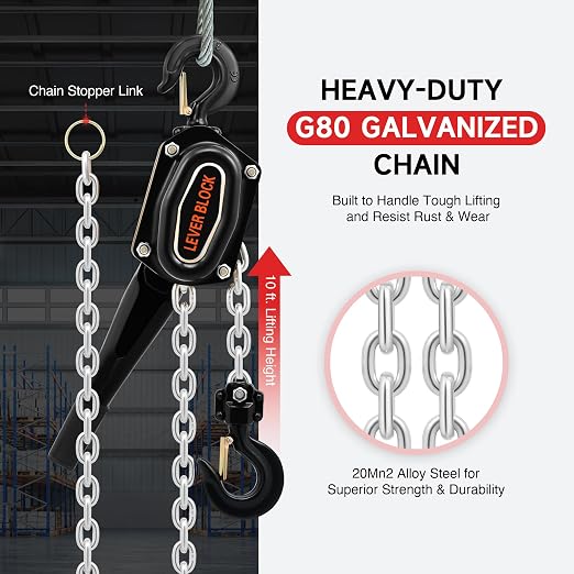CREWORKS Lever Chain Hoist, 3 Ton 6600 lb Capacity 10 ft Manual Chain Hoist with G80 Galvanized Chain & Swivel Hooks, Heavy Duty Manual Lever Hoist for Construction Warehouse Automotive Factory