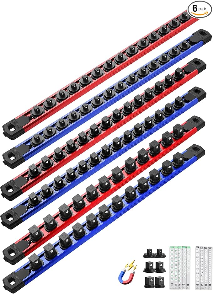 ALOANES Magnetic Socket Organizer Set, 6PC Heavy Duty Aluminum Socket Holder Organizer, 360° Swivel Clips Socket Holder Kit for Toolbox Drawer Fit 1/2, 3/8, 1/4-Inch x 80 Clips (Red&Blue, 6PC)