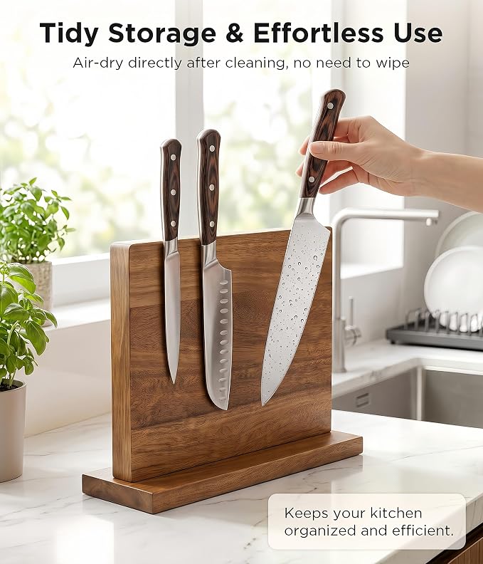 Magnetic Knife Block, Acacia Wood Countertop Magnetic Knife Holder, Double-Sided - Holds Up to 12 Knives & Metal Kitchen Tools, Brown