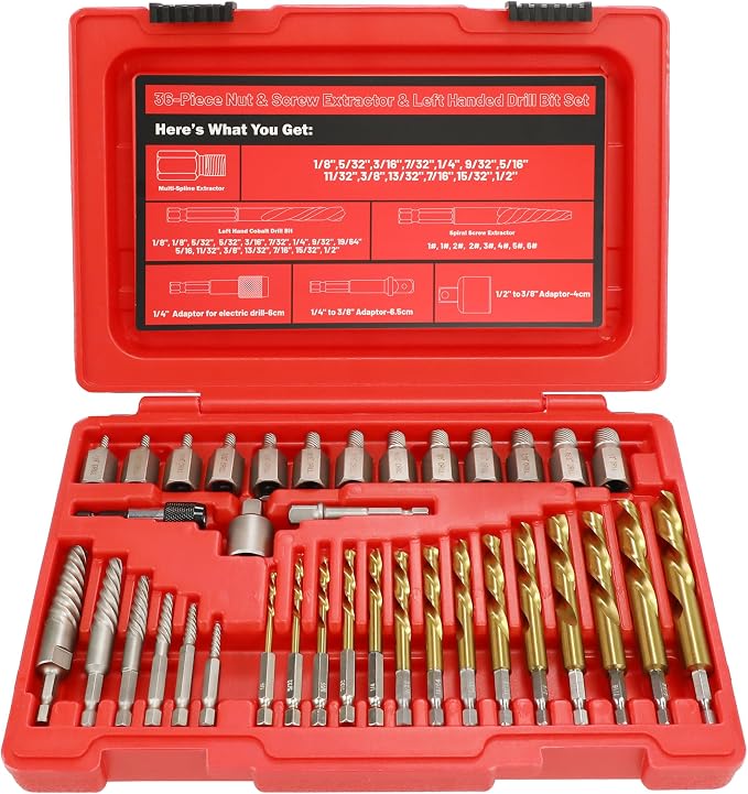 40Pcs Screw Extractor Set, Left Hand Drill Bit Set 6542/4341 HSS, Easy Out Bolt Extractor Set with Hex Adapter, Multi-Spline Stripped Bolt Remover for Broken Rusted Nuts Screws, Bolts, Studs