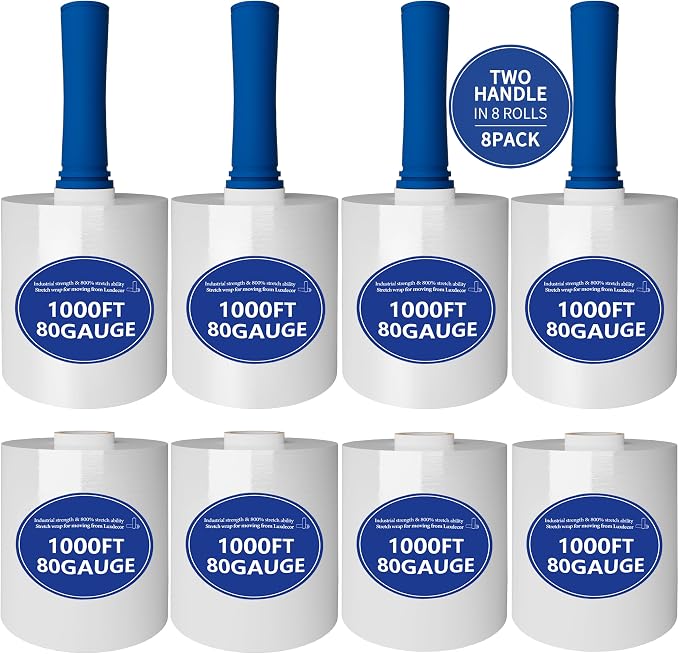 8Pack 5in x1000Ft 80Gauge Mini Stretch Wrap Heavy Duty 800%Stretch 2Handles | stretch wrap Film-800% stretch secures pallets,furniture & fragile items firmly,perfect for moving,storage,warehouse,shipping