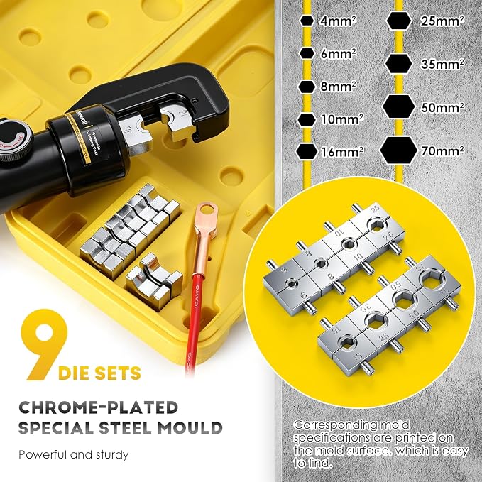CGOLDENWALL Hydraulic Crimping Tools 10T 12 AWG to 2/0 AWG with Hexagon Steel 9 Dies for Copper and Aluminum Terminal Lugs Battery Wire Crimping, 2 Pairs of Sealing Rings Included