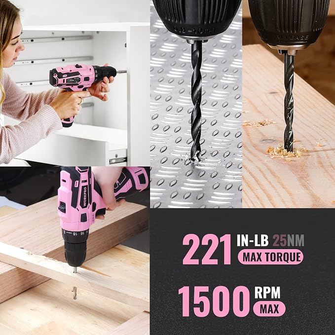 WORKPRO Pink Tool Set with Power Drill, 108PCS Portable Ladies Pink Drill Kit for Home with Toolbox and Hammer, 1.5 Ah Cordless Drills with Keyless Chuck and Variable Speed Trigger