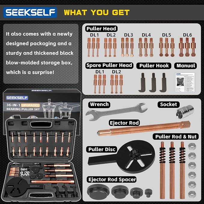 Blind Hole Bearing Puller Kit, 36 in 1 Inner Outer Bearing Separator Set Internal External Bearing Removal Gear Splitter Pull Tool, Black Storage Box