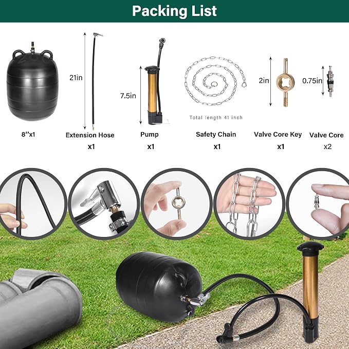 8 Inch Inflatable Pipe Plug Kit with Fast Air Pump & Extension Hose, Heavy Duty Rubber Sewer Test Ball with Safety Chain & Valve Tool for Drain Blocking & Leak Testing(Fits 7.8"-8.2" Pipes)