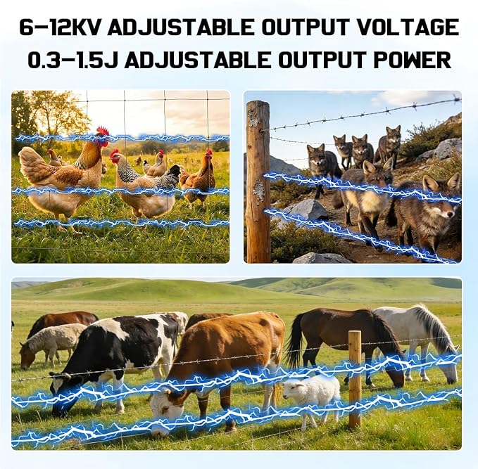 30 Miles Solar Fence Charger,6-12KV Adjustable Output,1.5J Solar Electric Fence Charger,15W Solar Powered Electric Fence Kit, Solar Charger for Livestock,Farm,Garden,24H Protection