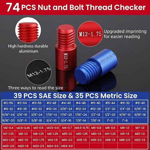 Thread Checker, 74pcs Nut and Bolt Thread Checker, 39 Inch & 35 Metric Box Set Thread Gauge, Thread Checker Standard and Metric Suitable for Size Checker of Bolts or Nuts in Narrow Areas