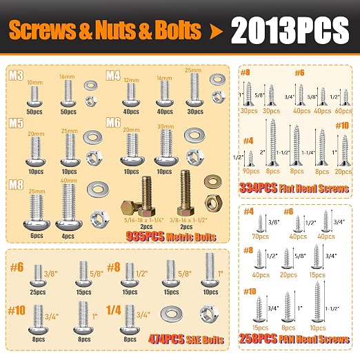 Dianrui 2013 PCS Metric & SAE Nuts & Bolts & Wood Screws Assortment Kit, Phillips Pan Head & Flat Head Screw, Grade 8.8 Metric Hex Bolt Set and Assorted Screws Nuts Bolts Washers (3 Trays)