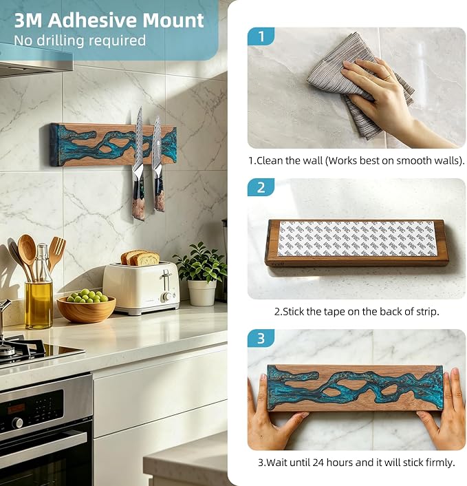 FINDKING Magnetic Knife Strip for Wall, Solid Acacia Wood with Mineral Blue Resin Inlay, Wall-Mounted Knife Holder with Strong Magnetic Hold, No-Drill Adhesive Mount (12 Inch)