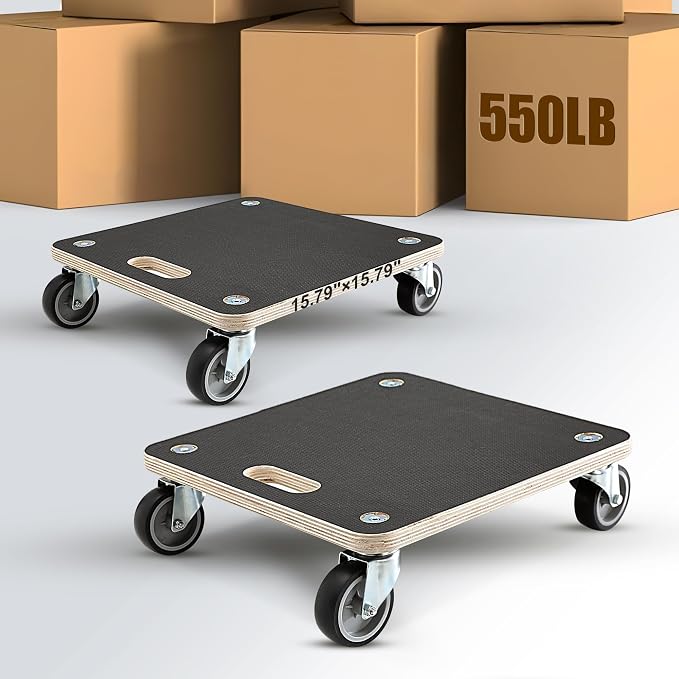 (2 Pack) Heavy Duty 551LB Square Moving Dolly - 3" TPR Wheels | Sturdy Plywood Base, No Assembly - for Appliances, Boxes, Garage & Retail Use