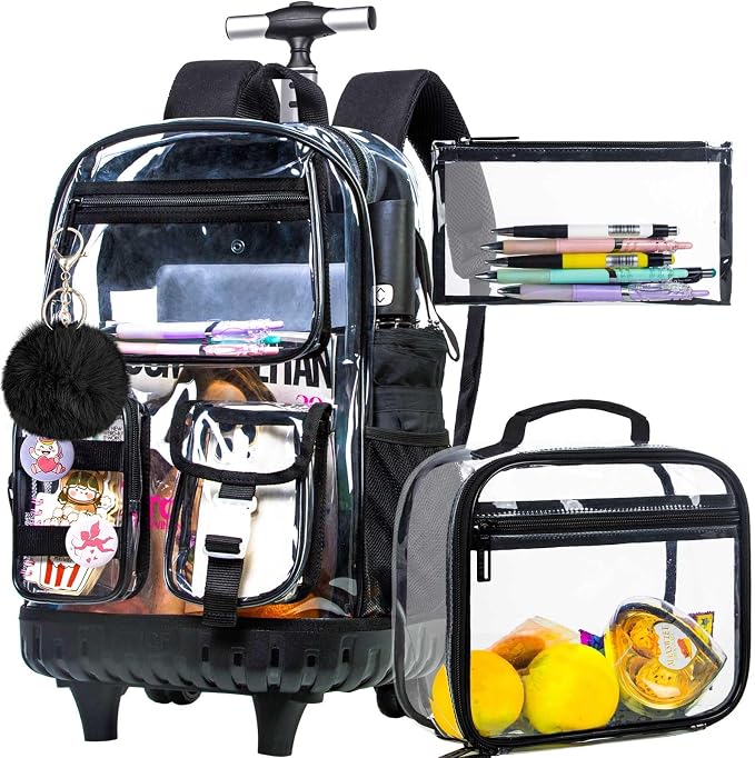 CCJPX 3Pcs Clear Rolling Backpack for Girls Women, Heavy Duty PVC Transparent Wheeled Bookbag, See Through School Bags with Wheels for Teens Elementary Travel - Black