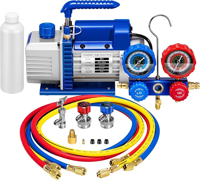 VIVOHOME 110V 1/4 HP 3.5 CFM Single Stage Rotary Vane Air Vacuum Pump and R134a AC Manifold Gauge Set Kit for HVAC Air Conditioning Refrigeration Recharging, Blue