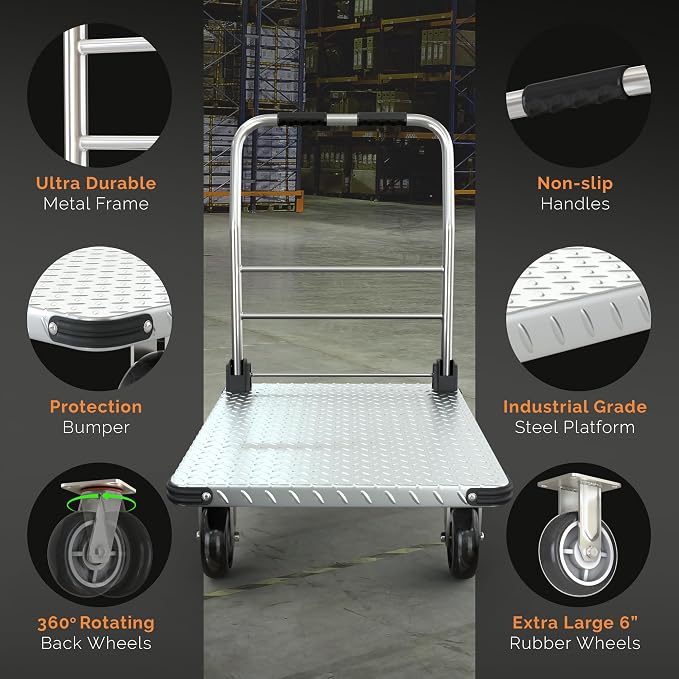 2200 lbs. Capacity Foldable Push Cart Dolly | Moving Platform Hand Truck | Heavy Duty Space Saving Collapsible | Swivel Flat Bed Wagon - Furniture Luggage Lifting