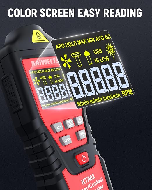 KAIWEETS 2-in-1 Laser & Contact Tachometer with Rechargeable Battery, Photo Sensor 10-99999RPM and Contact 1-19999RPM High Accuracy RPM Meter with Backlight Hold/MAX/MIN/AVG, HI/Low Alarm Function
