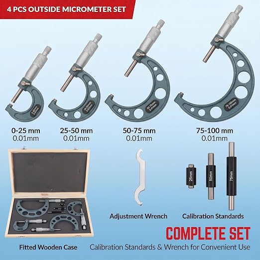 Professional Metric Outside Micrometer Set 0-100mm, 4-Piece with 0.01mm Precision & Wooden Case, High-Quality Carbide Machinist Tool for Precision Measurement