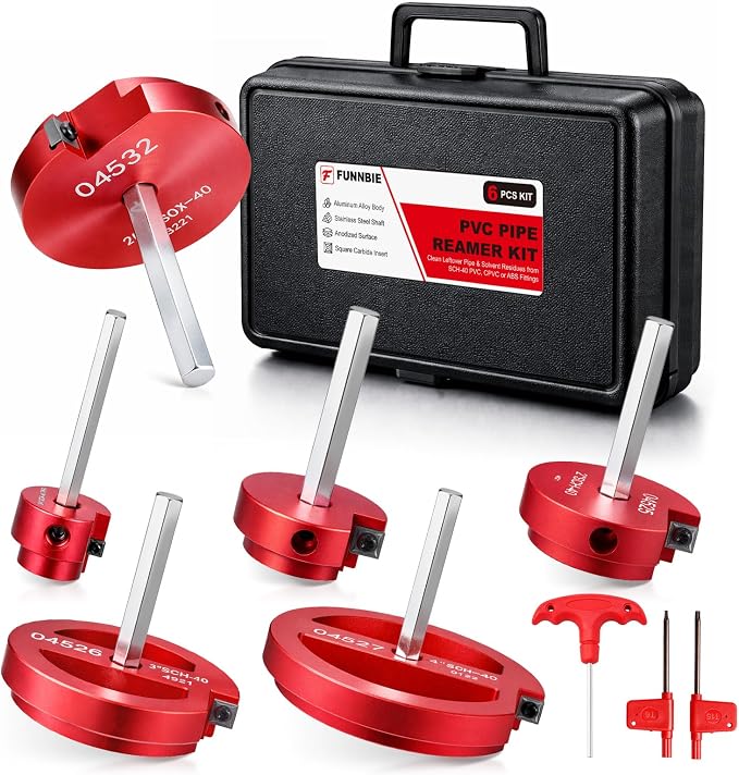 6Pcs PVC Pipe Reamer Kit, Durable Aluminum PVC Fitting Saver for Sch.40 CPVC, ABS, Lightweight Socket Hub Saver Includes 3/4", 1", 1-1/2", 2", 3", 4", Plumbing Tool Fits Standard 1/2" Drill