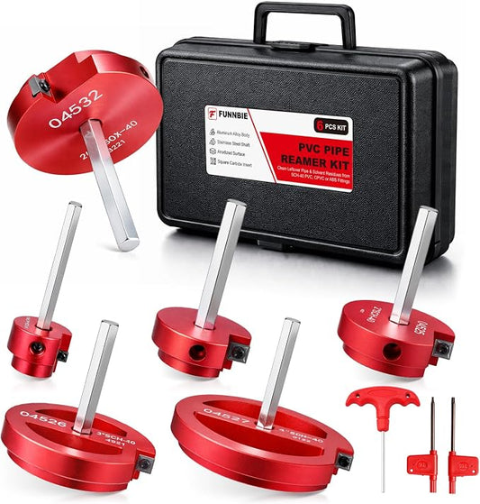 6Pcs PVC Pipe Reamer Kit, Durable Aluminum PVC Fitting Saver for Sch.40 CPVC, ABS, Lightweight Socket Hub Saver Includes 3/4", 1", 1-1/2", 2", 3", 4", Plumbing Tool Fits Standard 1/2" Drill