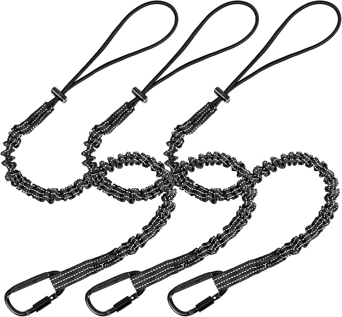 Safety Lanyard Tool - Fall Protection Tether with Aluminum Screw Lock Buckle, Shock Cord Stopper and Retractable Loop 3 Pack Black