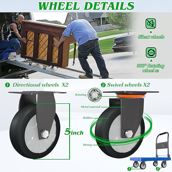 Platform Truck, 880lbs Capacity Heavy-Duty Foldable Hand Cart w/ 360° Swivel Wheels, 4 Steel Pipe Support Beams Push Dolly Cart for Warehouse Garage Home Use (27" Lx18 Wx31.5 H)