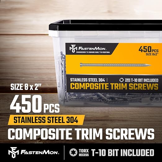 Composite Trim Screws, #8 x 2” Stainless Steel 304, 450pcs | Hidden Fastener For PVC & Wood, Outdoor Deck, Exterior & Finish Fasteners, Rust-Resistant, T-10 Star Drive, 2.5lbs