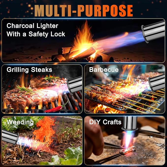 Torch Gun with One-Touch Max Fire, Flame Thrower with Safety Lock, Blow Torch Gun for BBQ, Grill, Charcoal Lighter, Cooking Flamethrower for Camping, Outdoors (Tank Not Included)