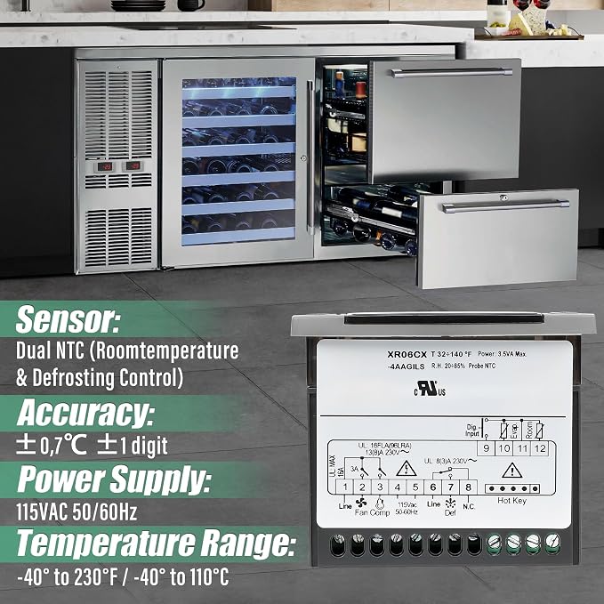 32-bit Enhanced XR06CX-4AAGILS Temperature Controller, Replaces Dixell XR06CX for 110-125V 50-60Hz Commercial Fridges/Freezers, Programmable Digital Thermostat, Voltage Protection & Reset, Red Screen