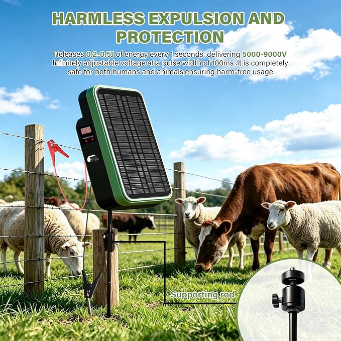 Solar Powered Electric Fence Charger, Energizer with Stand, Adjustable 5kV-9kV Output, 6000mAh Battery, 5.5W Solar Panel Perfect for Farms Gardens Orchards, Keeps Livestock Safe from Wildlife