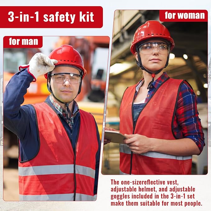 Mumufy 18 Pcs Suspension Hard Hats Safety Helmets Vented Cap Style Helmet with High Visibility Vest Mesh Reflective Anti Fog Safety Goggles Adjustable Temples for Construction Work (Red)