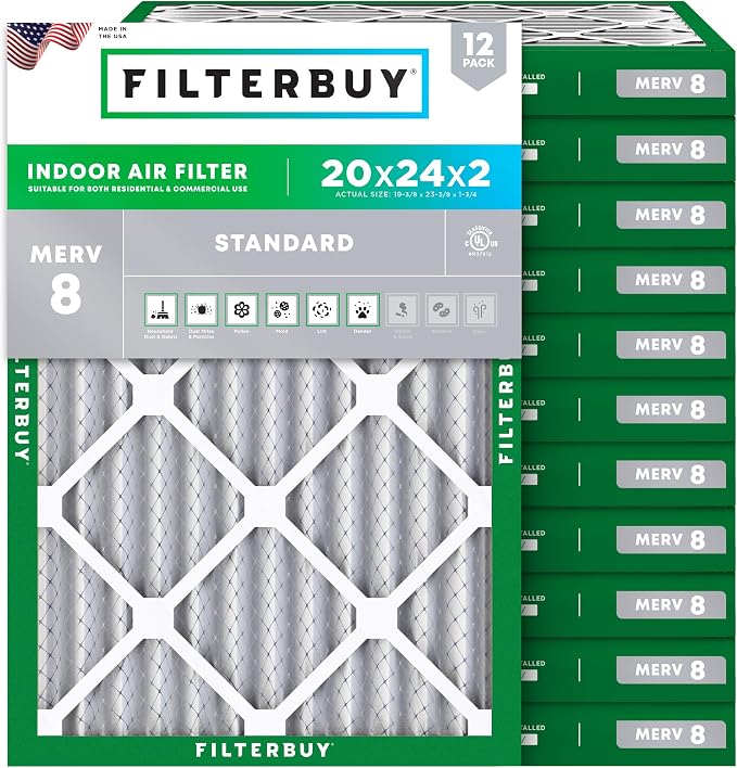 Filterbuy 20x24x2 Air Filter MERV 8 Essential Dust & Allergy Defense (12-Pack), Electrostatic Pleated HVAC AC Furnace Filters Replacement, Made in USA (Actual Size: 19.38 x 23.38 x 1.75)