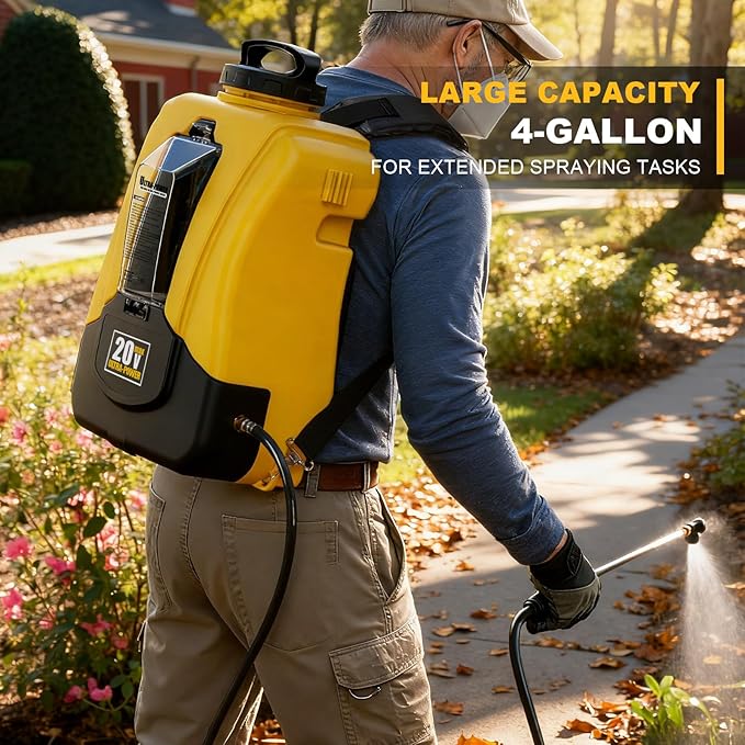 4-Gallon Battery Powered Backpack Sprayer, Compatible with DeWalt 20V MAX, 0-90 PSI Adjustable, 100+ Gal Per Charge, Cordless Garden Sprayer for Lawn Care, Tool Only (Battery Not Included)