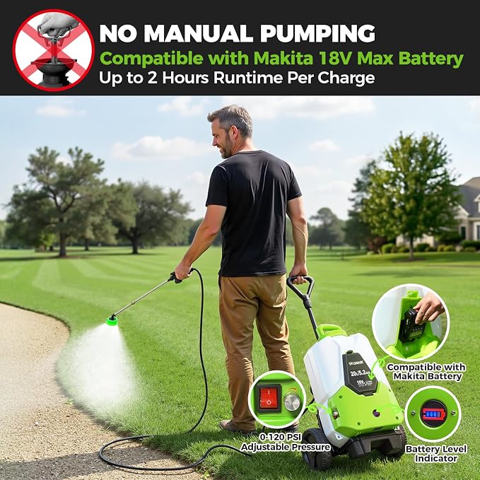 5.2 Gallon Battery Powered Backpack Sprayer with Wheeled Cart, 0-120 PSI Adjustable Pressure, 16.4FT Hose, 8 Nozzles, Compatible with Makita 18V Battery for Lawn Garden Yard Weeding Cleaning