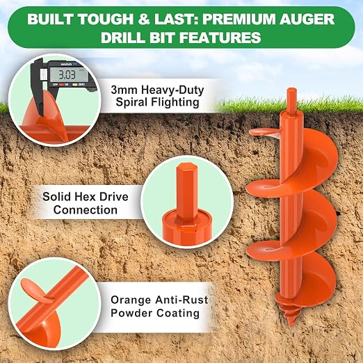 SELEWARE Auger Drill Bit for Planting 4"x12" Drill Auger for 3/8" Hex Drive | Orange Heavy-Duty Steel Garden Auger Drill Bit, Bulb Planter Tool, Auger Post Hole Digger for Bulbs, Flowers, Fence Posts