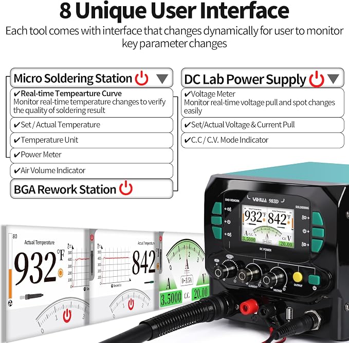 YIHUA 983D 3-IN-1 Micro Soldering Station, BGA Hot Air Rework Station, Lab Variable DC Power Supply