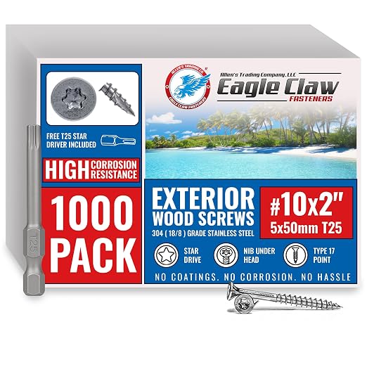 #10 x 2 Inch Stainless Steel Deck Screws | 304 Grade (1000 Pack) | Flat Head T25 Star Torx Drive | Stainless Steel Screws by Eagle Claw Fasteners | Corrosion & Rust Resistant (Includes Driver Bit)