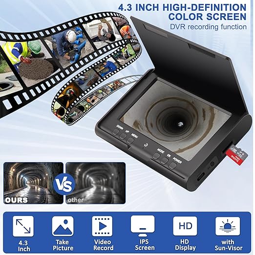 Sewer Camera w/DVR Function, 4.3" HD 1080P Screen Pipeline Inspection Camera, IP68 Waterproof Pipe Plumbing Snake Cam with 32GB Card, for Sewer Line, Home, Duct Drain Pipe Plumbing (30M/100FT)