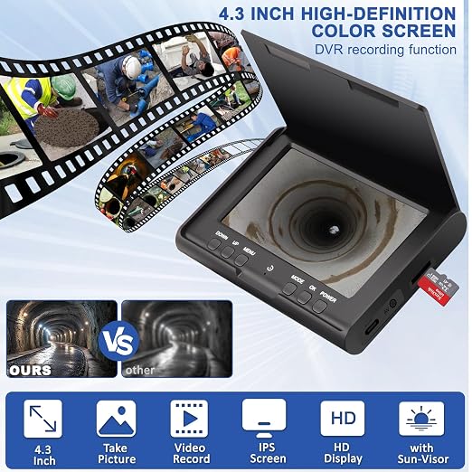 Sewer Camera w/DVR Function, 4.3" HD 1080P Screen Pipeline Inspection Camera, IP68 Waterproof Pipe Plumbing Snake Cam with 32GB Card, for Sewer Line, Home, Duct Drain Pipe Plumbing (50M/165FT)