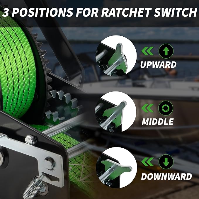 3200lbs Heavy Duty Boat Trailer Winch with 32FT Strap，2-Way Ratchet 4:1/8:1 Gear Trailer Winch，Portable Hand Crank Winch for Boat, Truck, Trailer, RV, ATV, Jet Ski