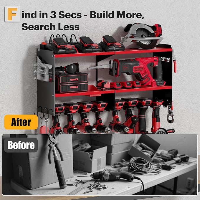 Spampur Power Tool Organizer Wall Mount with Charging Station, 15 Min Assembly & Maximum 420lbs Load by Heavy Duty Metal, 8 Slots for Cordless Drill, Tool Battery Holder with 6 Outlet Power Strip
