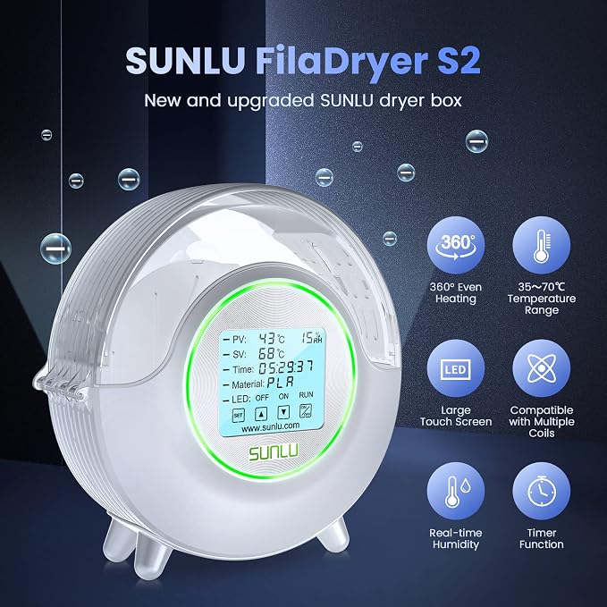 SUNLU Official Filament Dryer S2, for PLA PETG ABS Filament, White | Upgraded 3D Filament Dryer with 360°Heating Fan, Filament Dehydrator, One-Key Set with 4.6" Touch Sreen