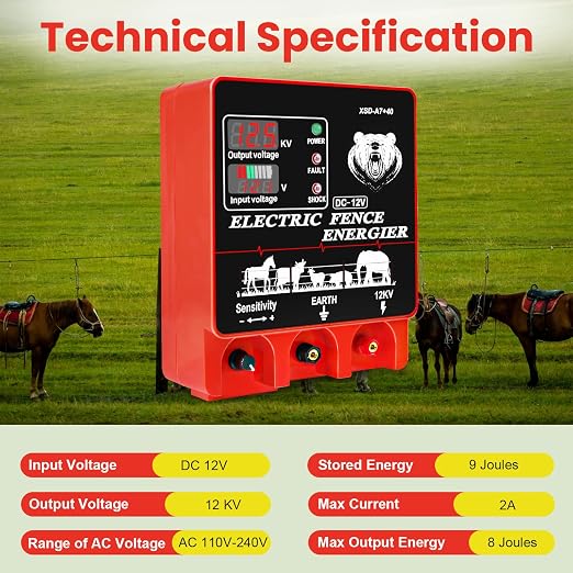 9J Electric Fence Charger Energizer, 9 Joules 20 Miles Plug-in Fencer, AC 110-240V/DC 12V, 12KV High Output Voltage, with Display Alarm and Remote, Deter Predators, Contain Cattle Horses and Livestock