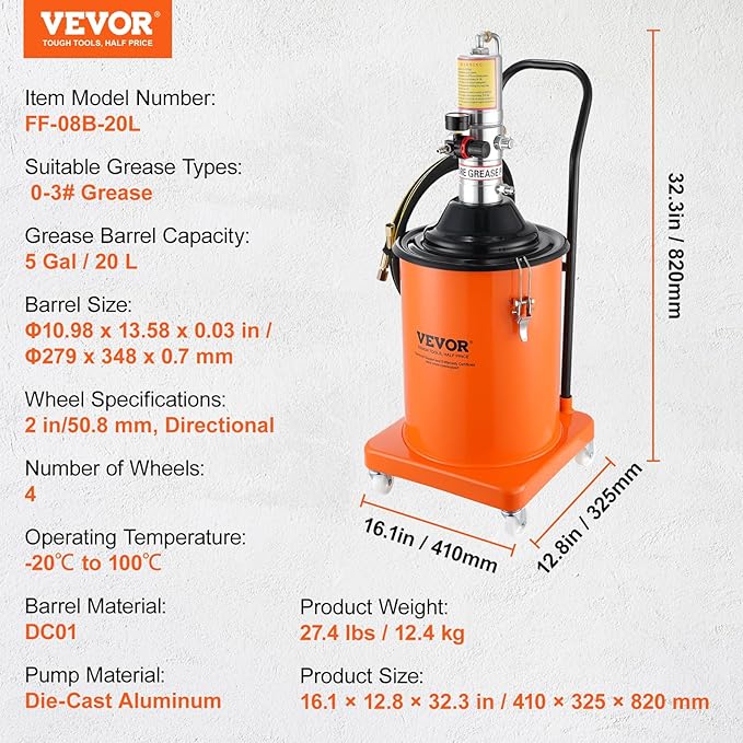 VEVOR Grease Pump, 5 Gallon Air Grease Pump with 13 ft High Pressure Hose and Grease Gun, 20L Pneumatic Grease Pump with Wheels, Portable Lubrication Grease Pump