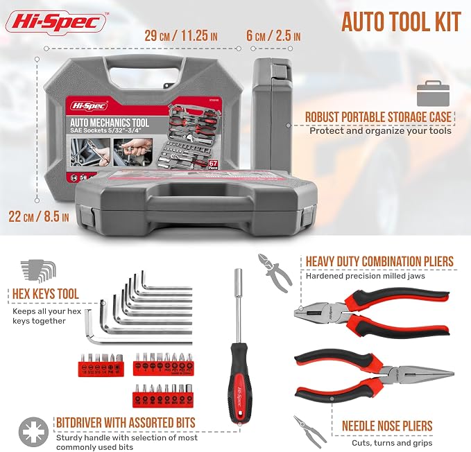 Hi-Spec Tools 67pc SAE Auto Mechanics Hand Tool Kit Set. Complete Car, Motorcycle, Engine & Garage Repairs with Sockets, Ratchet Wrench, Pliers & More
