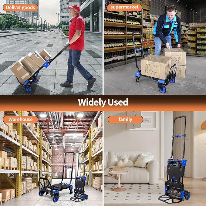 2 in 1 Folding Hand Truck with Folding Basket,330lbs Capacity Heavy Duty Hand Truck,with Telescoping Handle and Rubber Wheels,Portable Dolly Cart with Bungee Cords for Moving,Travel,Shopping