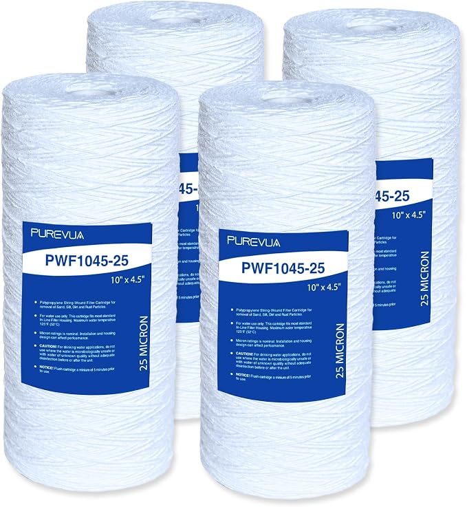 25 Micron 10"x4.5" String Wound Sediment Filter, Whole House Water Filter Cartridge for Well Water, Compatible with WP5BB97P, RS22, SWC-45-1005, Fits Standard 10" Big Housings, 4 Pack