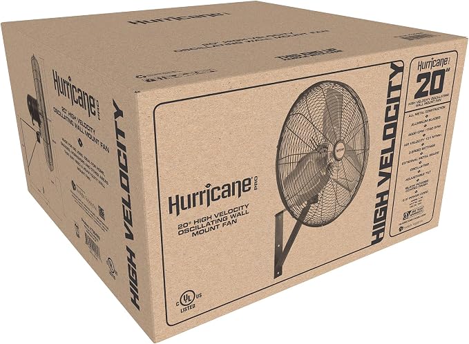 Hurricane Pro Commercial Grade Oscillating Metal Wall Mount Fan w/ 3 Speeds, Black, 20" - Corded Electric Air Cooling Unit w/ Powerful 4600 CFM Airflow for Home, Garage, Gym, Workshop & Greenhouse