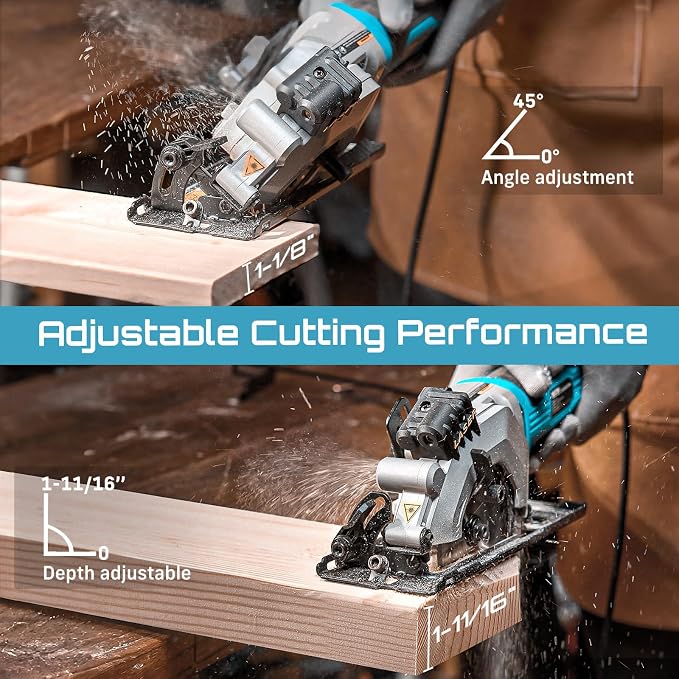 Seesii Mini Circular Saw with Laser Guide,4.8A 4000 RPM Compact Corded Circular Saw with Rip Guide,3 Blades (4-1/2") for Wood,Soft Metal,Tile,Plastic Cutting,Max Cut Depth 1-11/16"(90°),1-1/8" (45°)