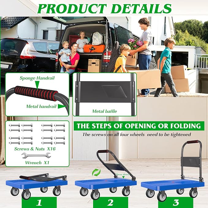 Platform Truck, 880lbs Capacity Heavy-Duty Foldable Hand Cart w/ 360° Swivel Wheels, 4 Steel Pipe Support Beams Push Dolly Cart for Warehouse Garage Home Use (27" Lx18 Wx31.5 H)
